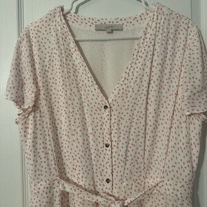 LOFT Cream Dress with Pink Dot Print and Front Buttons